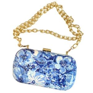 Lilly Pulitzer Blue Floral Hard-Case Clutch with Gold Pearl Chain Strap • NWT